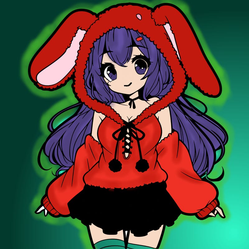 pretty anime girl wearing a fluffy hoodie with bunny ears on the hood and a skirt