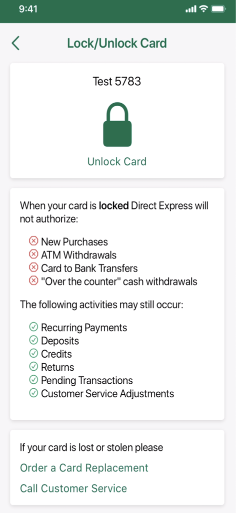 Direct Express Mobile app screen showing the lock and unlock card security feature with a list of restricted and allowed activities.