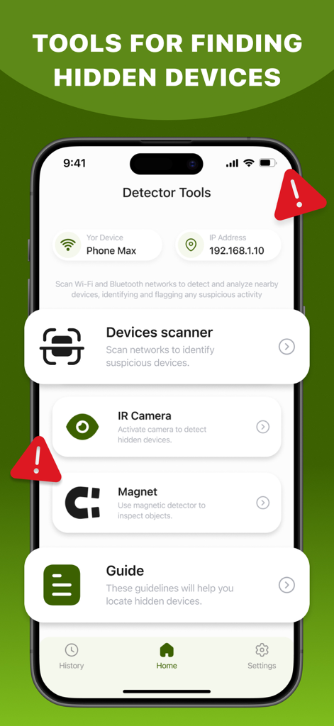 Hidden Detect: Device Finder - Interface of Hidden Detect app displaying scanning tools like Devices scanner IR Camera and Magnet to locate hidden devices.
