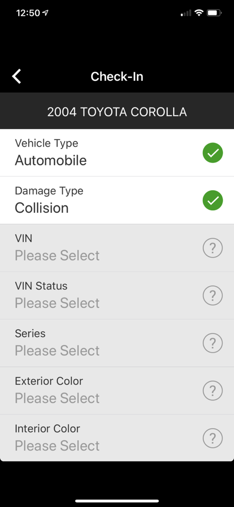 CSAToday by IAA - CSAToday app vehicle check-in interface showing a form for a 2004 Toyota Corolla