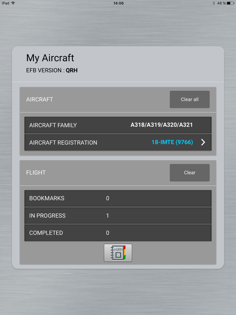My Aircraft screen in the Airbus eQRH app showing aircraft family selection and flight checklist status