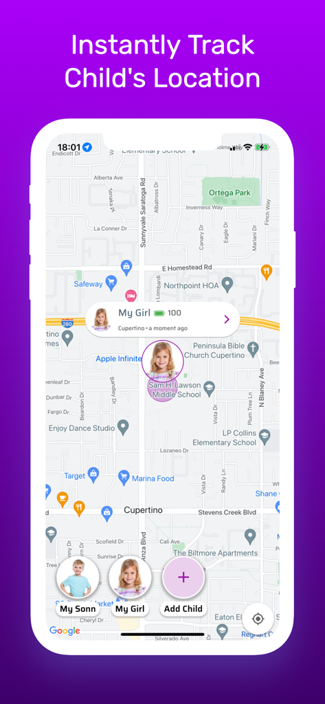 Find Family: Location Tracker - Find Family app interface showing child location on a digital map