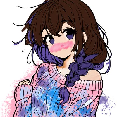 anime cute girl with hair in loose side braid and a sweater off on one shoulder