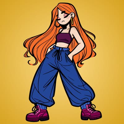 girl in baggy pants crop top and long hair