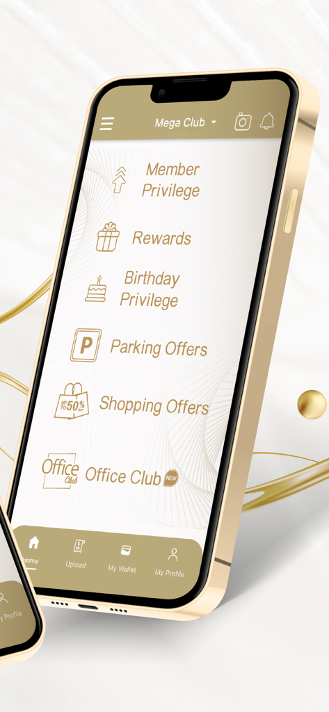 MegaBox - Écran de l'application mobile MegaBox affichant les privilèges pour les membres du Mega Club, les récompenses, les offres d'anniversaire et les privilèges de stationnement