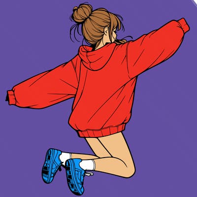 realistic girl jumping with a bun and oversized sweatshirt