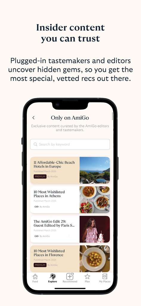 A smartphone screen displaying the AmiGo Travel app Explore page with curated travel guides for hotels and popular city locations.