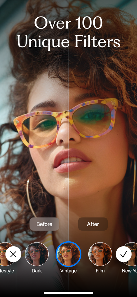 Zebra: Photo & Video Editor - Before and after comparison of a vintage photo filter on a woman portrait in the Zebra app.