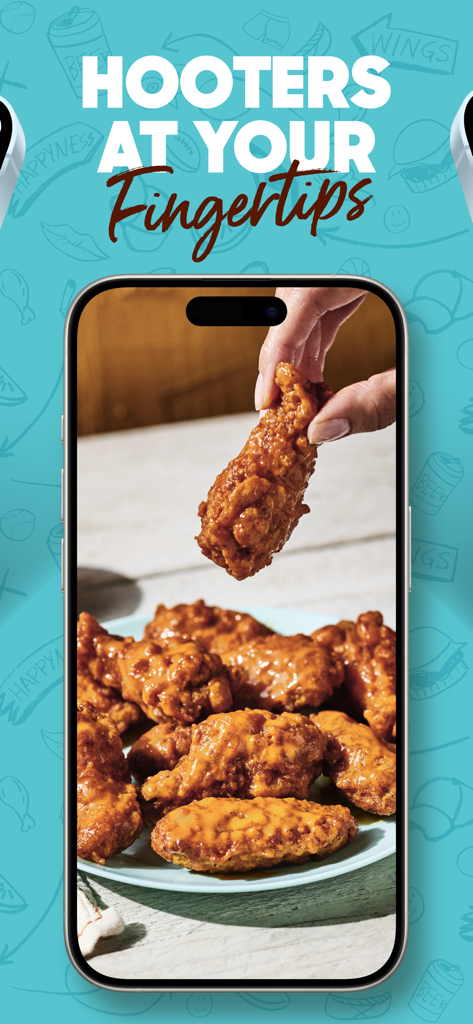 Hooters - Ordering and Rewards - Hooters mobile app screen showing a plate of buffalo wings and a hand picking one up
