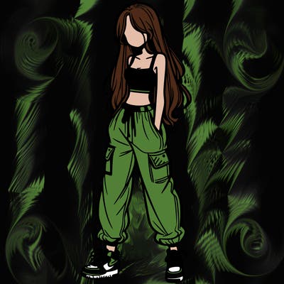 girl in baggy pants crop top and long hair