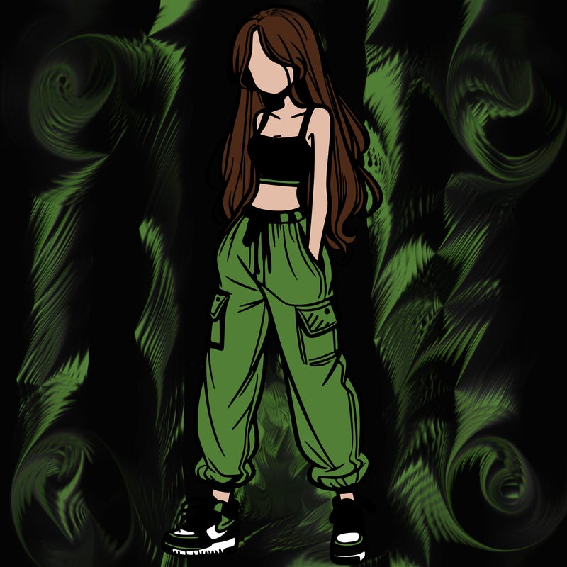 girl in baggy pants crop top and long hair