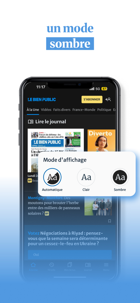 Le Bien Public - Côte d'Or - Capture d'écran de l'application d'actualités Le Bien Public affichant les paramètres d'affichage du mode sombre sur un smartphone.