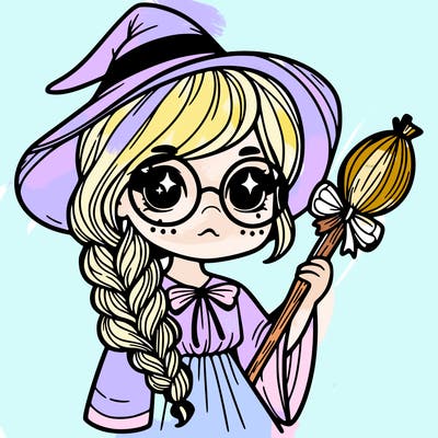 a witch with a braid and two glasses
