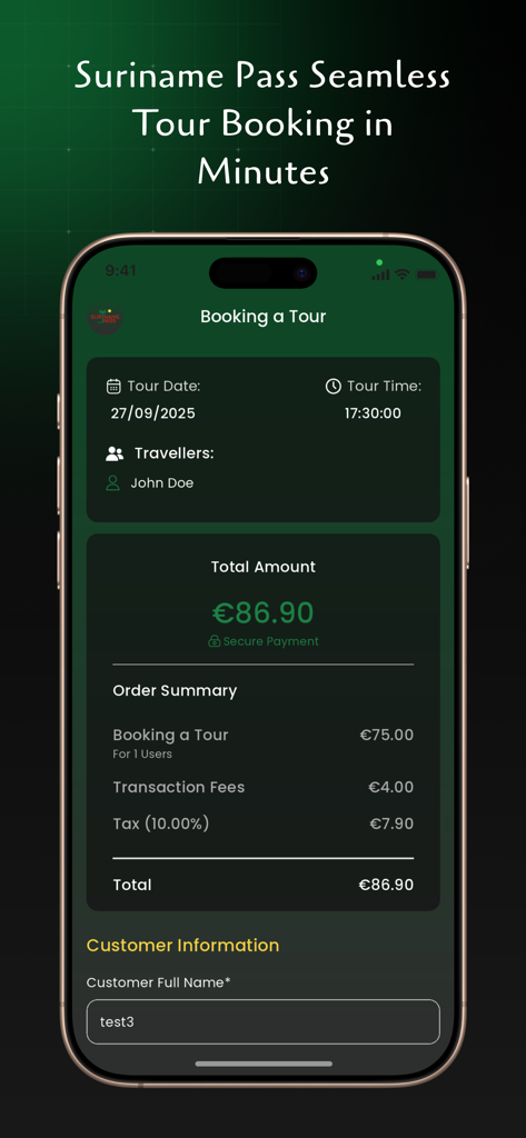 Suriname Pass - 価格と日付情報を含むツアー予約概要を表示するスリナムパスモバイルアプリ画面