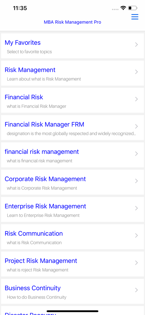 MBA Risk Management - Hauptmenü der MBA Risikomanagement App mit professionellen Lernmodulen wie Finanzrisiko und Unternehmensrisikomanagement