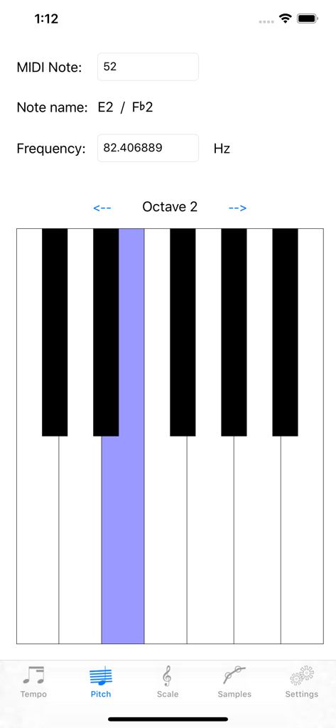 Quaver - Quaver app interface showing a MIDI note pitch and frequency calculator with a piano keyboard