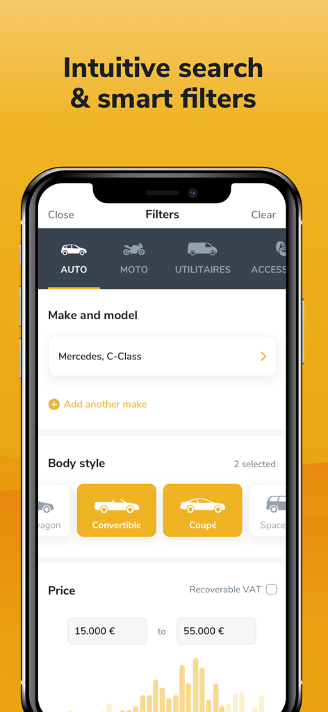 Luxauto.lu - 中古車の高度な検索フィルターを表示するLuxautoアプリのインターフェース。