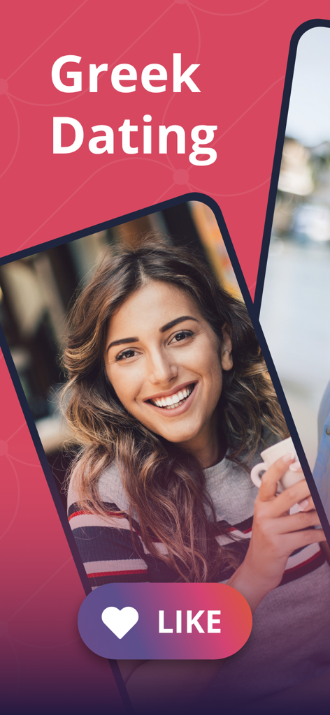 Greek dating app interface with profile picture and like button