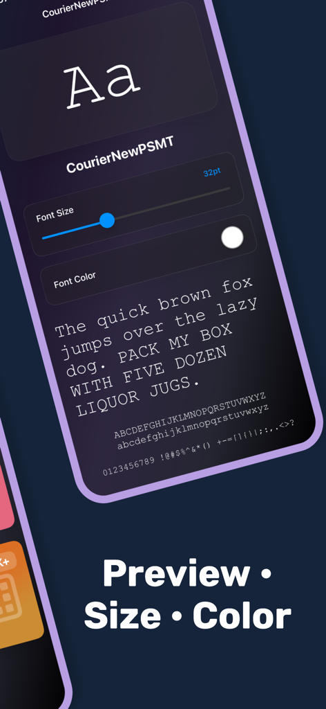 Font Viewer Typeface Font Book - Interface showing font preview size and color adjustments in Font Viewer app