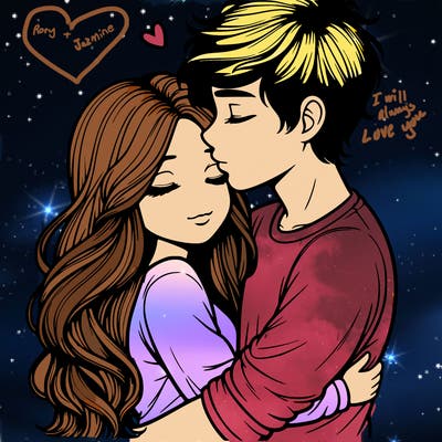 a realistic couple boy and girl hugging and kissing