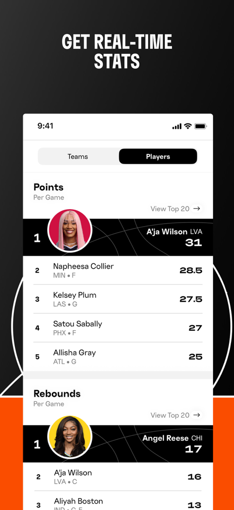 WNBA: Live Games & Scores - WNBA app interface showing real-time player leaderboards for points and rebounds per game