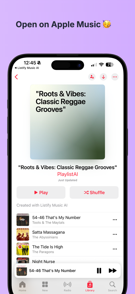 Listify Music AI - A custom AI generated reggae playlist synchronized with the Apple Music app interface