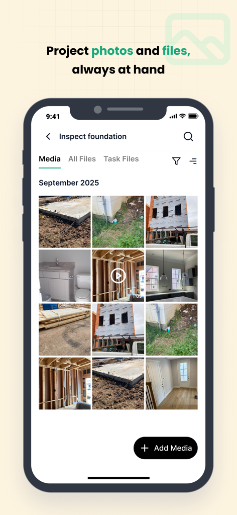 TaskTag: How to project. - TaskTag mobile app interface showing a media gallery of construction site photos and files for project documentation