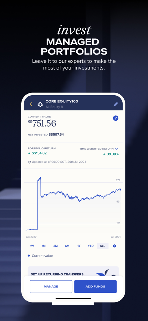 Syfe: Invest, Trade and Save - Syfe app dashboard displaying managed portfolio performance and investment growth graph