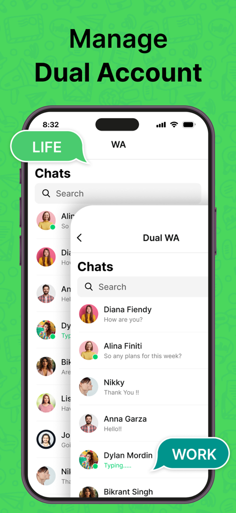 Dual Chat Web - Dual Account - Interfaz que muestra la gestión de cuentas duales de WhatsApp para chats de trabajo y vida personal