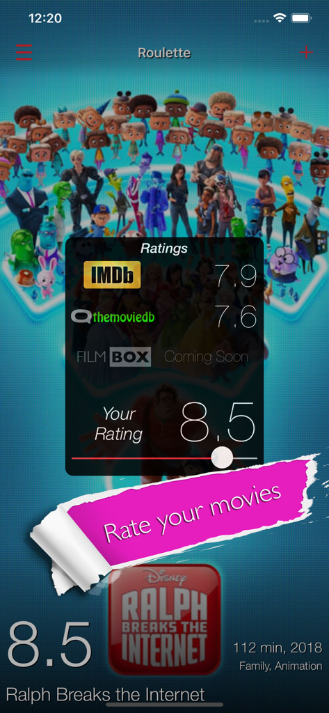 Filmbox Smart Movie Manager - Interface de l'application Filmbox montrant les notes de films de plusieurs sources et un curseur de notation personnelle