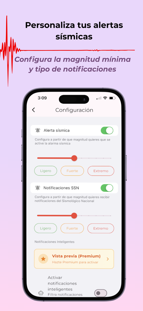 Customizable seismic alert settings in the Sismos Mexico app showing magnitude threshold sliders.