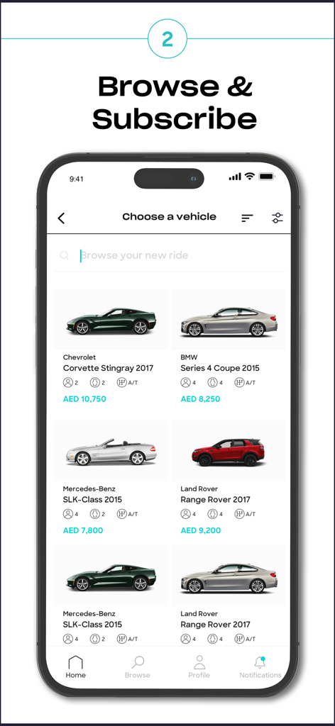 A mobile app screen titled Browse and Subscribe showing a gallery of luxury cars including Corvette, BMW, and Mercedes-Benz available for monthly subscription.