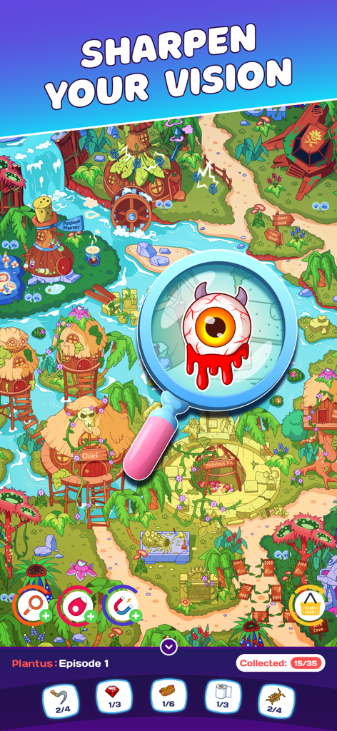 Find It: Spy Hidden Objects - A vibrant hidden object game level where a magnifying glass highlights a specific character in a colorful tropical world