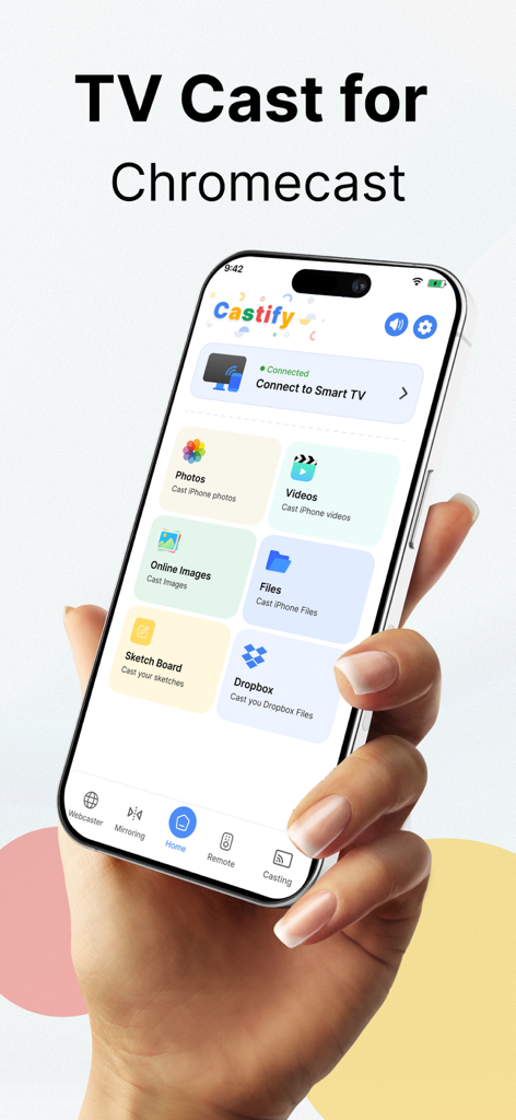 Castify : Screen Mirroring App - iPhone exibindo a interface do aplicativo de espelhamento de tela Castify com opções de transmissão para fotos e vídeos