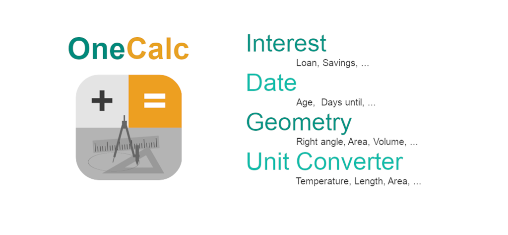 Icona dell'app OneCalc e elenco delle funzionalità che includono data di interesse, geometria e convertitore di unità