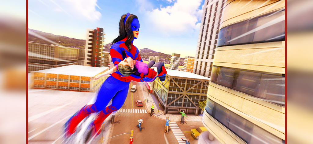 Superhero Fight:Mad City Story - A female superhero in a blue and red suit flying over a city while carrying a rescued person in her arms