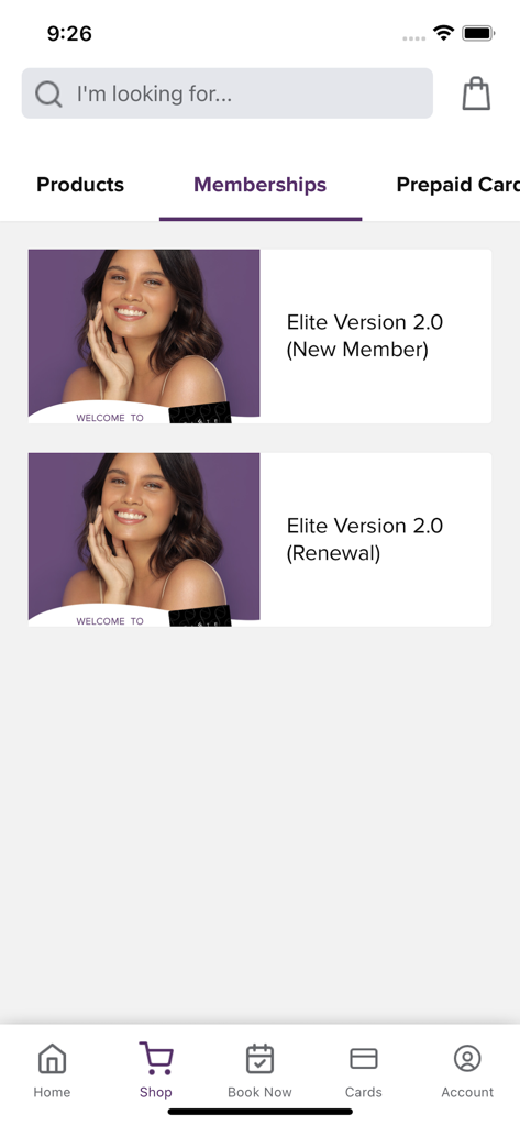 SkinStation - Pantalla de la aplicación móvil SkinStation que muestra opciones de membresía para la Versión Élite 2.0 para nuevos miembros y renovaciones