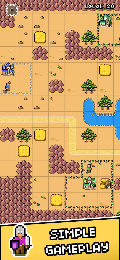 Island Empire: Build & Conquer - Captura de pantalla del juego en Island Empire que muestra estrategia por turnos en un mapa de cuadrícula de arte de píxeles con el texto jugabilidad simple.