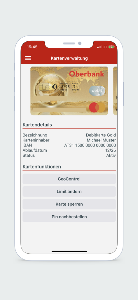Oberbank - Oberbank mobile app screen for debit card management showing GeoControl and limit settings