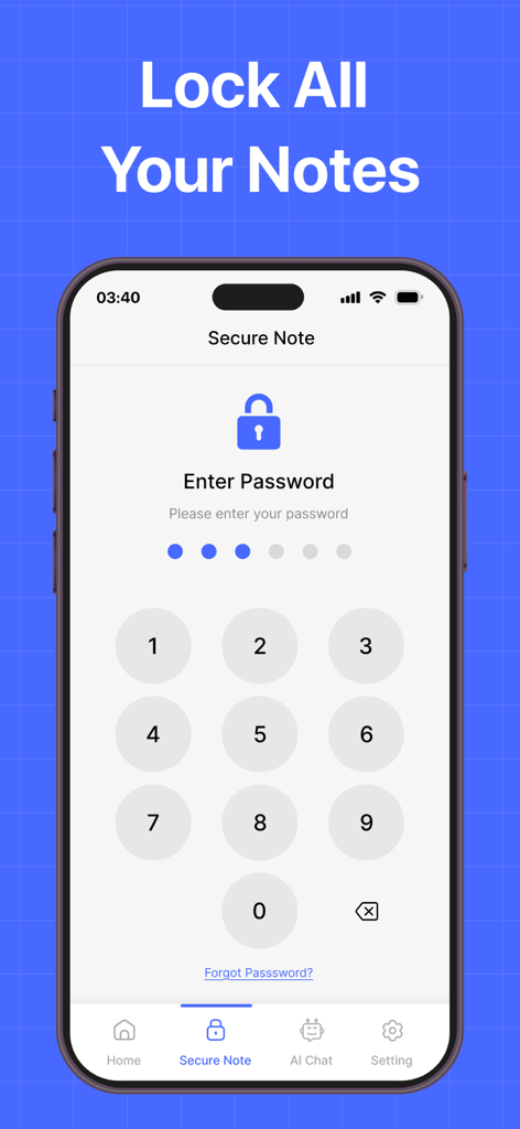 Daily Planner- Digital Planner - Pantalla de protección con contraseña para notas seguras en la aplicación de planificador digital.