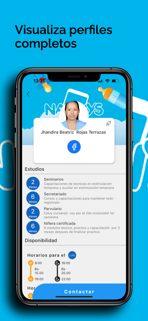 Nanny's app - Pantalla de perfil detallado de niñera en la App Nanny que muestra certificaciones y disponibilidad