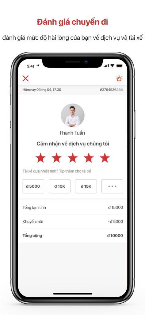 Godi - A mobile phone screen showing the Godi app trip review page where users can rate their driver with five stars and choose a tip amount