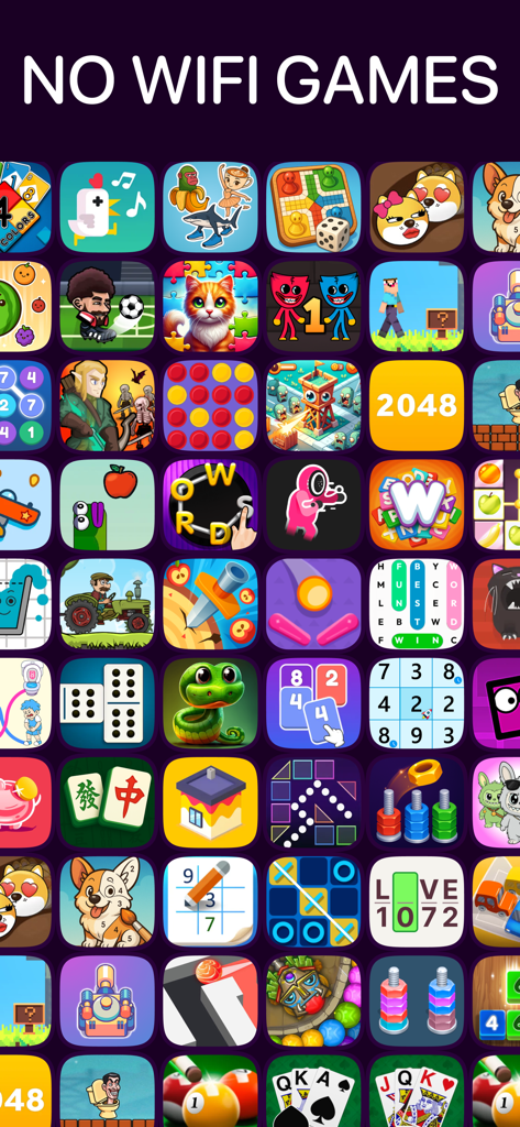 Cuadrícula de varios iconos de minijuegos del menú de la aplicación Juegos sin conexión.