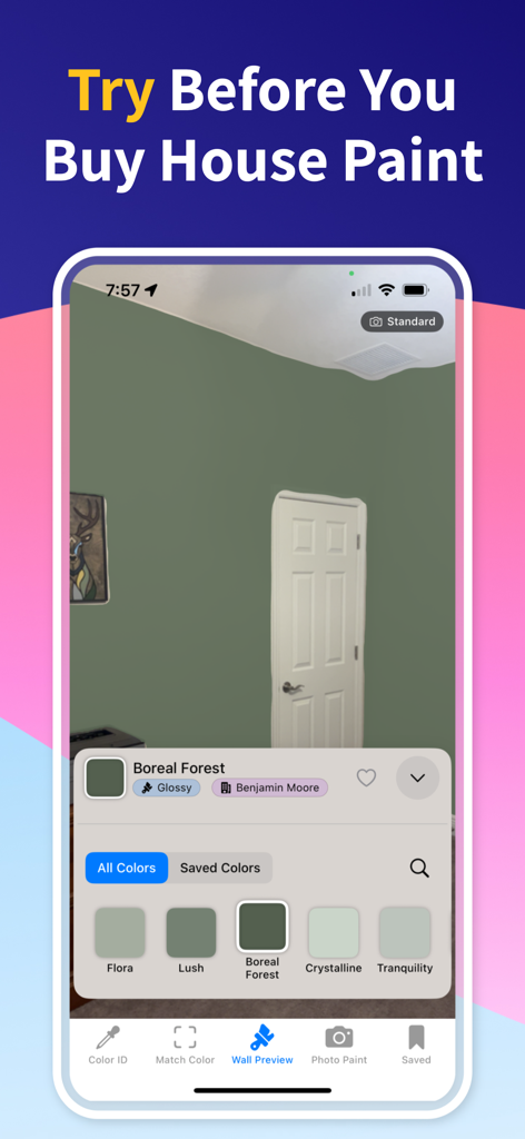 Mobile app interface showing a real-time AR wall preview of a green Benjamin Moore paint color in a room