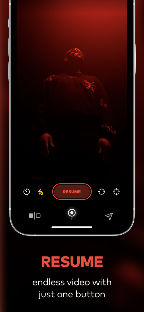 Pause - Video editor & Camera - Pause video editor app interface showing the resume recording button on an iPhone screen