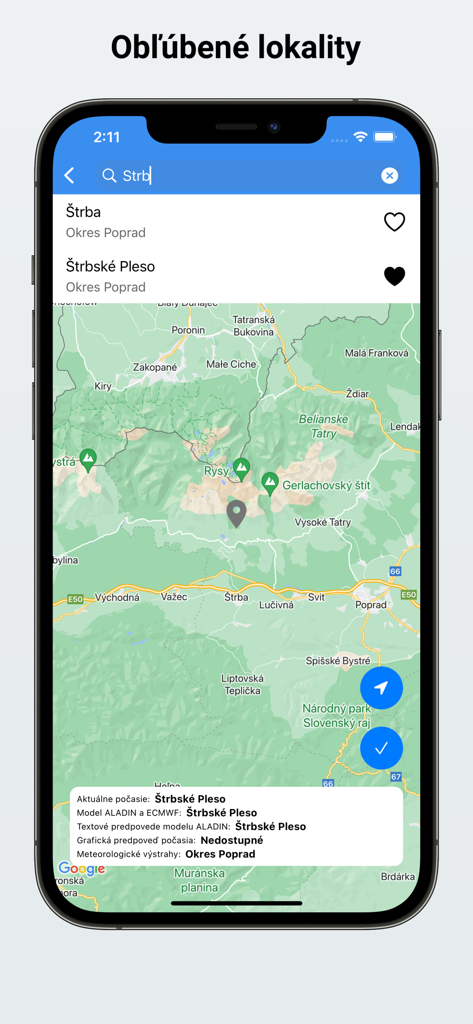 iSHMU - Interface de l'application météo iSHMU affichant une carte de la Slovaquie avec recherche de localisation pour Strbske Pleso