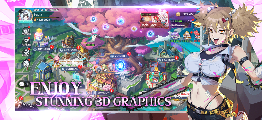 Anime girl and game map in Era of Sepia showing high quality 3D graphics