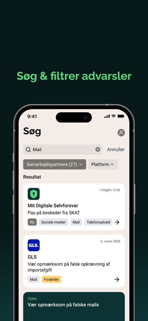 Mit digitale selvforsvar - Such- und Filterbildschirm für Betrugswarnungen in einer mobilen Anwendung für digitale Sicherheit