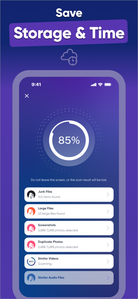 Cleaner ・Phone Storage Cleanup - ジャンクファイルと大容量ファイルのカテゴリとともに、85%で完了したストレージスキャンの進行状況を示すスマートフォンのインターフェース