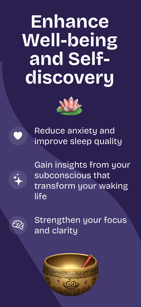 Mindful Slumber: Dream Yoga - Mindful Slumber app screen highlighting benefits for well-being self-discovery and sleep quality